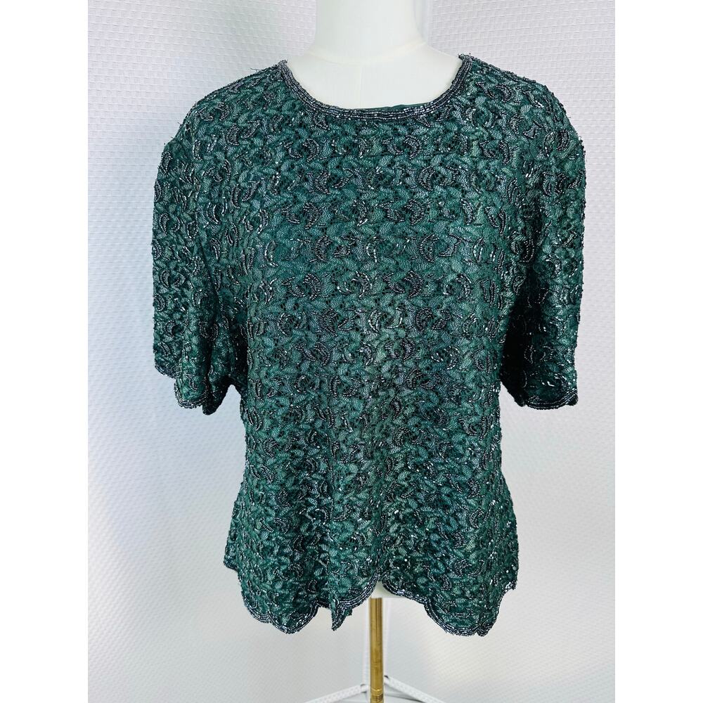Holiday Old Hollywood Beaded & Sequins EmeraldGreen Scallop Hem Blouse XL